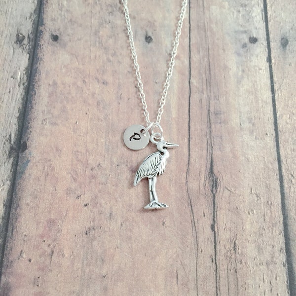 Heron initial necklace - heron jewelry, crane jewelry, bird jewelry, crane necklace, heron necklace, crane gift, heron gift, bird necklace