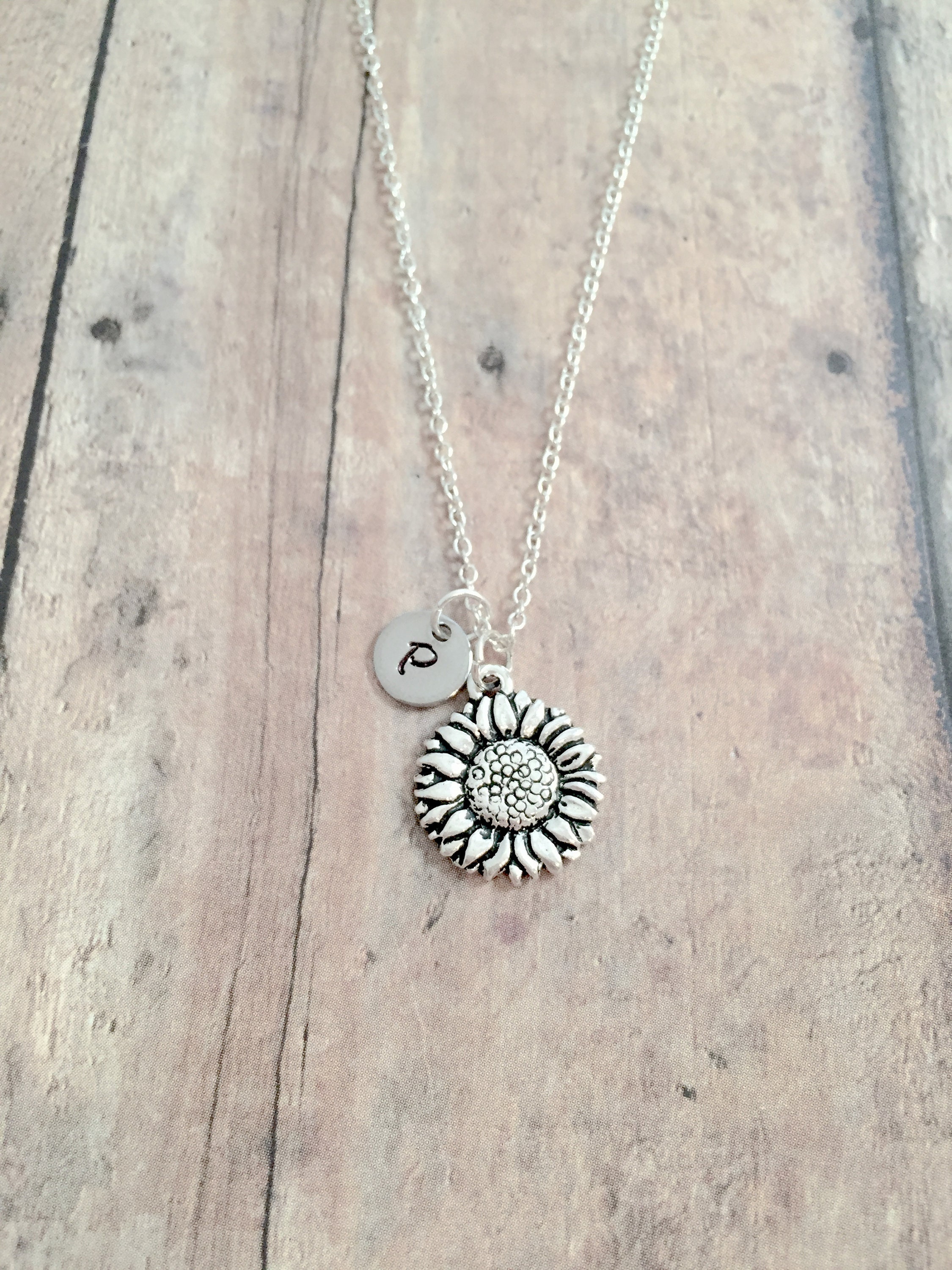 Sunflower Initial Necklace Sunflower Jewelry Garden Jewelry