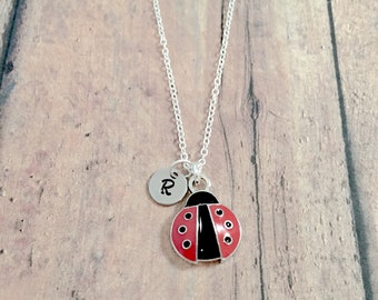 Ladybug initial necklace - ladybug jewelry, garden jewelry, insect jewelry, ladybird necklace, ladybug gift, red ladybug necklace