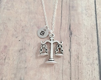 Scales of justice initial necklace - scales of justice jewelry, lawyer jewelry, judge jewelry, law student necklace, law student gift