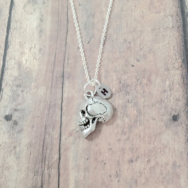 Skull initial necklace - skull jewelry, skeleton jewelry, anatomy jewelry, skull gift, med school necklace, anatomy necklace