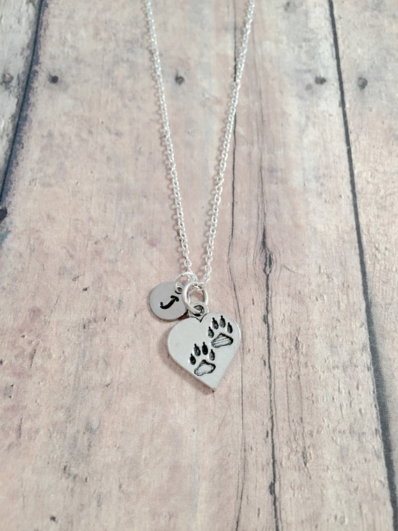 Paw Print Initial Necklace: Pet Memorial Jewelry, Dog Heart
