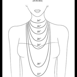 May include: A line drawing of a person's neck with different necklace lengths marked in inches, ranging from 14 inches to 33 inches.