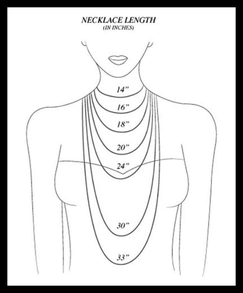 May include: A line drawing of a person's neck with different necklace lengths marked in inches, ranging from 14 inches to 33 inches.