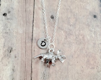 Triceratops initial necklace - triceratops jewelry, dinosaur jewelry, paleontology jewelry, triceratops necklace, dinosaur necklace