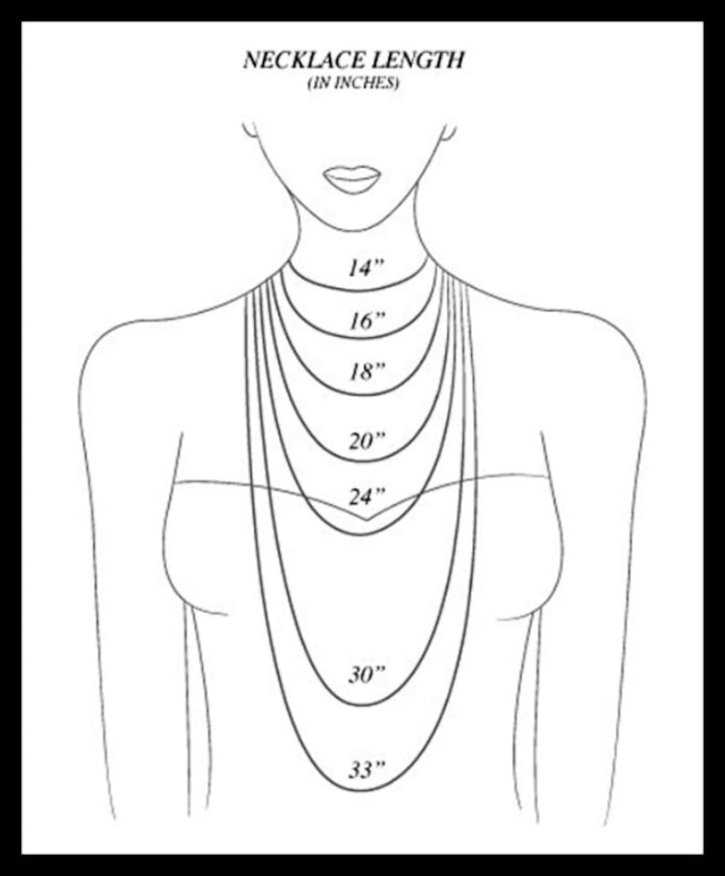 May include: A line drawing of a person's neck with different necklace lengths marked in inches, ranging from 14 inches to 33 inches.