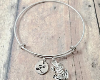 Frog Initial Bangle: Amphibian Jewelry, Toad Bracelet