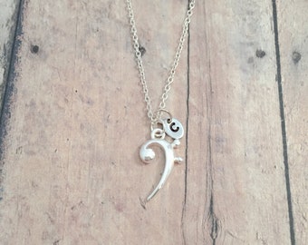 Small Bass clef initial necklace - bass clef jewelry, music jewelry, musician jewelry, bass clef necklace, music necklace, bass clef gift