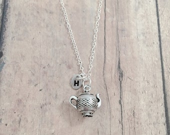 Teapot initial necklace - teapot jewelry, tea kettle jewelry, tea jewelry, teapot necklace, beverage jewelry, teapot pendant, teapot gift