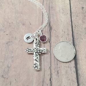 Cross initial necklace cross jewelry, religious jewelry, Christian jewelry, floral cross necklace, religious necklace, cross gift image 3