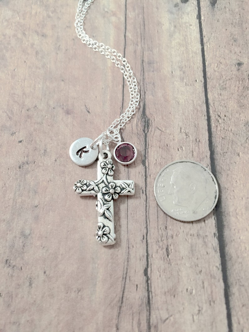 Cross initial necklace cross jewelry, religious jewelry, Christian jewelry, floral cross necklace, religious necklace, cross gift image 3