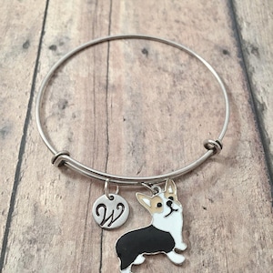 Corgi Bangle Bracelet: Enamel Dog Charm, Initial Pendant
