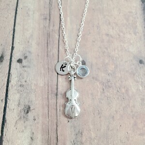 Violin initial necklace with birthstone - violin jewelry, music jewelry, birthstone jewelry, violin necklace, music necklace, violin gift