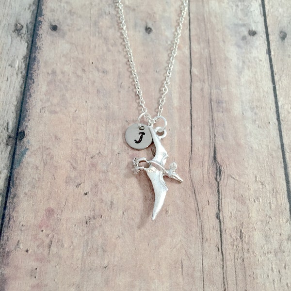 Pterodactyl initial necklace - pterodactyl jewelry, dinosaur jewelry, paleontology jewelry, science necklace, pterodactyl necklace