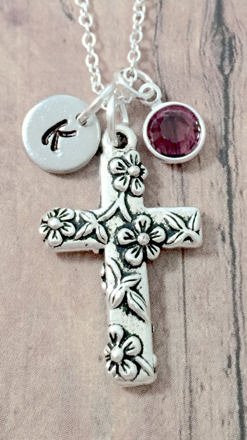 Cross initial necklace cross jewelry, religious jewelry, Christian jewelry, floral cross necklace, religious necklace, cross gift image 2