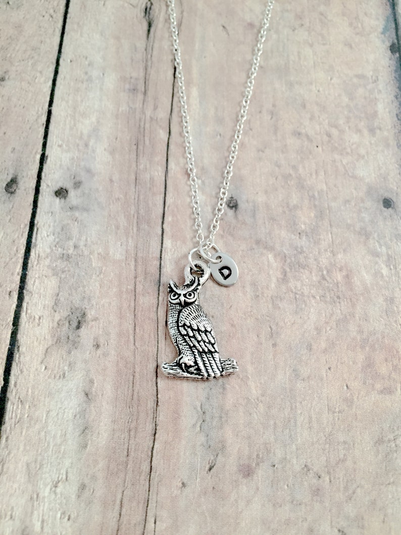 owl gift owl jewelry big sis gift horned owl necklace sorority jewelry bird jewelry woodland jewelry Owl initial necklace