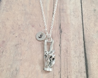 Peace Sign Initial Necklace: Hand Symbol Jewelry, Hippie Necklace