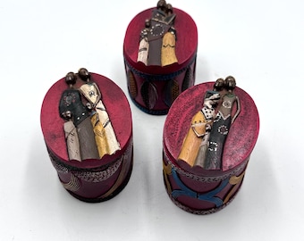 Set of 3 Hand-Painted African Family Trinket Boxes, Wood Resin Tribal Folk Art Containers