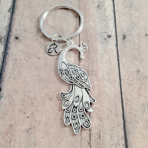 Peacock initial key ring - silver peacock keychain, peacock accessories, bird key ring, silver peacock pendant, peacock gift, peafowl gift