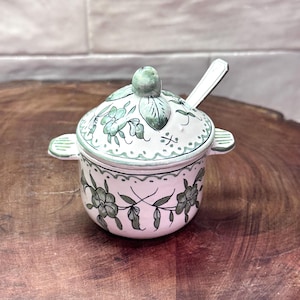 Vintage French Faience Jam Pot, Hand Painted Floral Ceramic Lidded Jar, Made in France