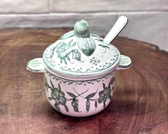 Vintage French Faience Jam Pot, Hand Painted Floral Ceramic Lidded Jar, Made in France