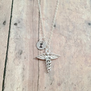 Caduceus initial necklace- caduceus jewelry, medical jewelry, nurse jewelry, caduceus necklace, nurse necklace, caduceus pendant, nurse gift