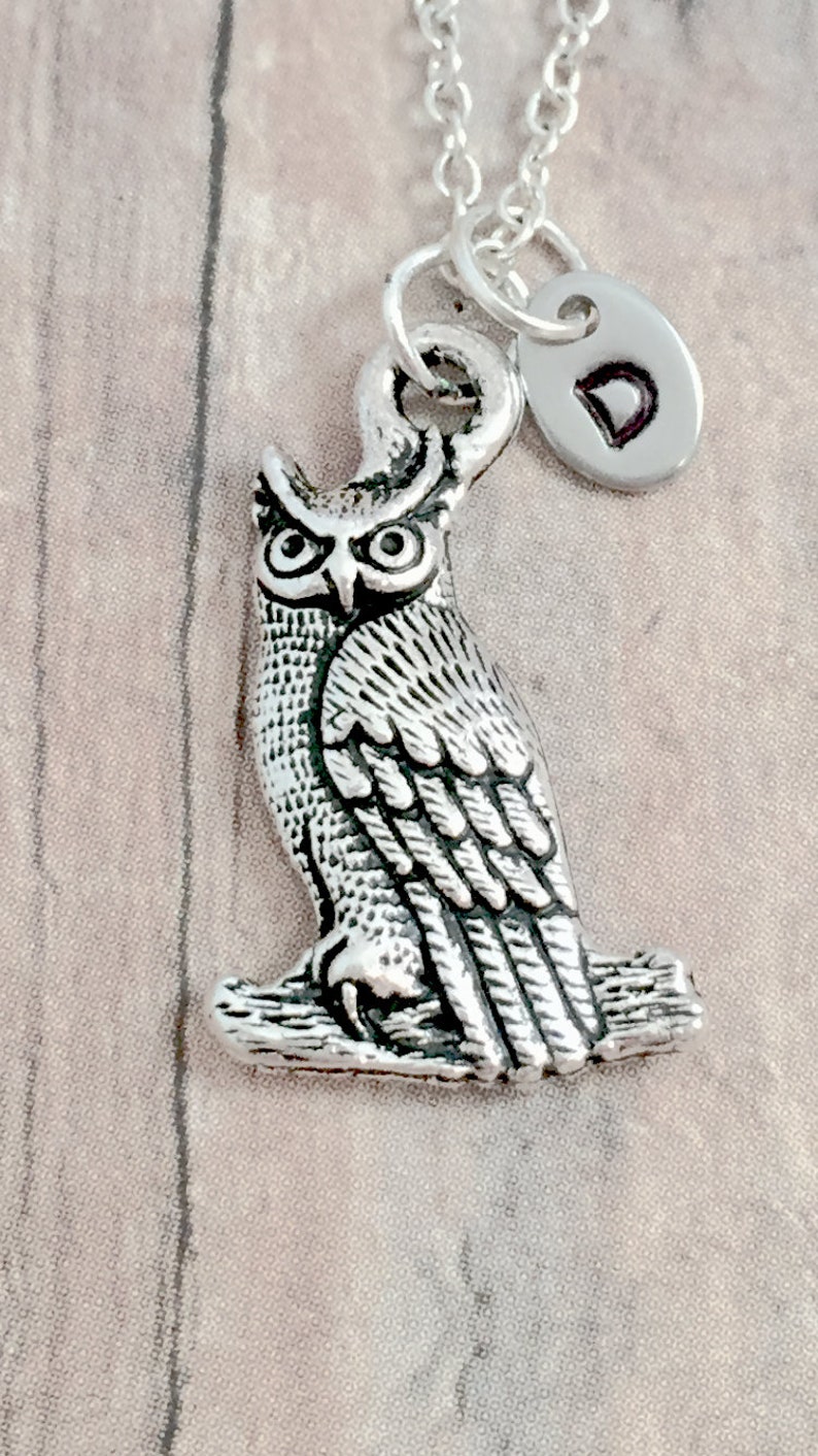 owl gift owl jewelry big sis gift horned owl necklace sorority jewelry bird jewelry woodland jewelry Owl initial necklace