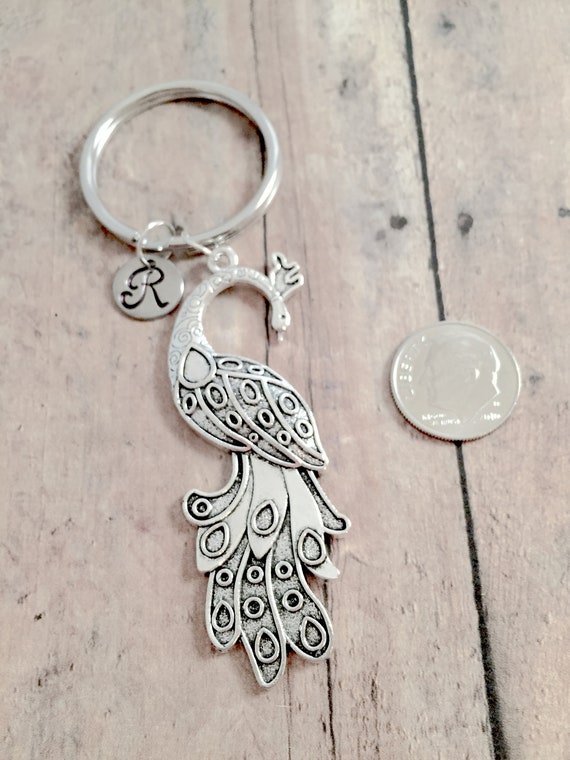 Peacock Initial Key Ring Silver Peacock Keychain Peacock