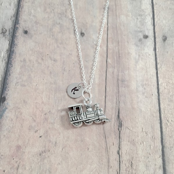 Train engine initial necklace - train jewelry, steam engine jewelry, locomotive jewelry, train necklace, engineer necklace, train gift