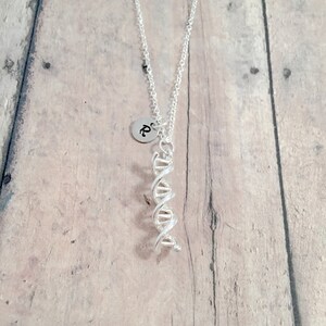 DNA double helix initial necklace -  DNA jewelry, science jewelry, genetics jewelry, DNA necklace, forensics jewelry, double helix necklace