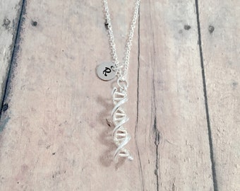 DNA double helix initial necklace -  DNA jewelry, science jewelry, genetics jewelry, DNA necklace, forensics jewelry, double helix necklace