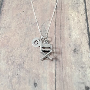 Director&#39;s chair initial necklace (sterling silver) - director&#39;s chair jewelry, movie jewelry, film student jewelry, director&#39;s chair gift