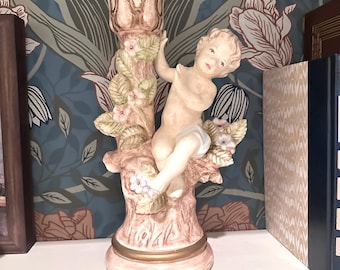 Vintage Cherub Candle Holder Floral Tree Ceramic Hand Painted Signed Figurine