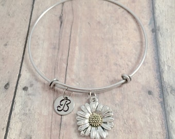 Daisy Initial Bangle: Flower Jewelry, Gardener Bracelet