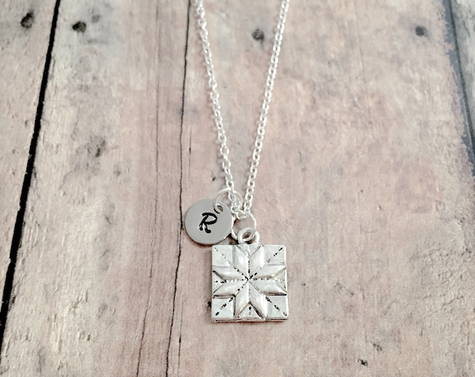 Quilt Square Initial Necklace: Quilter Jewelry, Crafter Jewelry, Quilting Necklace, Craft Pendant