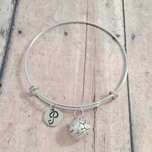 Soccer Ball Bangle Bracelet: Initial Charm, Sports Jewelry