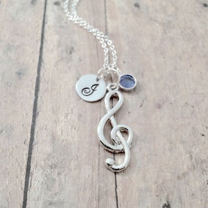 Treble clef initial necklace with birthstone treble clef jewelry, music jewelry, music teacher gift, treble clef necklace, music gift image 4
