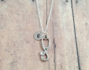 Stethoscope Initial Necklace: Medical Jewelry, Nurse Necklace