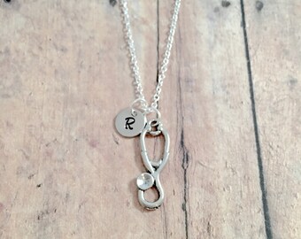 Stethoscope initial necklace - stethoscope jewelry, medical jewelry, nurse jewelry, stethoscope necklace, nurse gift, stethoscope gift, CH17