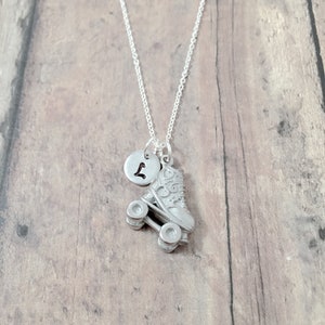 Hand Stamped Initial Roller Skate Necklace: Silver Plated Charm