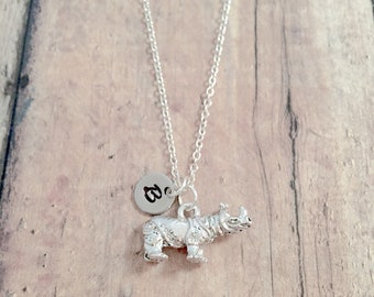 Rhinoceros initial necklace - rhinoceros jewelry, African animal jewelry, rhino necklace, rhinoceros pendant, rhino jewelry, rhino gift