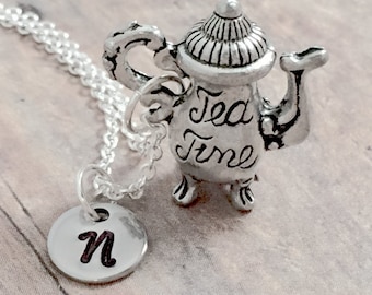 Teapot initial necklace - teapot jewelry, tea kettle jewelry, tea jewelry, teapot necklace, beverage jewelry, teapot pendant, teapot gift