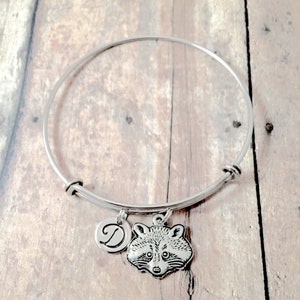 Raccoon Initial Bangle: Pewter Charm, Stainless Steel Bracelet