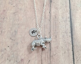 Rhinoceros initial necklace - rhinoceros jewelry, rhino jewelry, safari jewelry, rhinoceros necklace, rhinoceros gift, rhino pendant