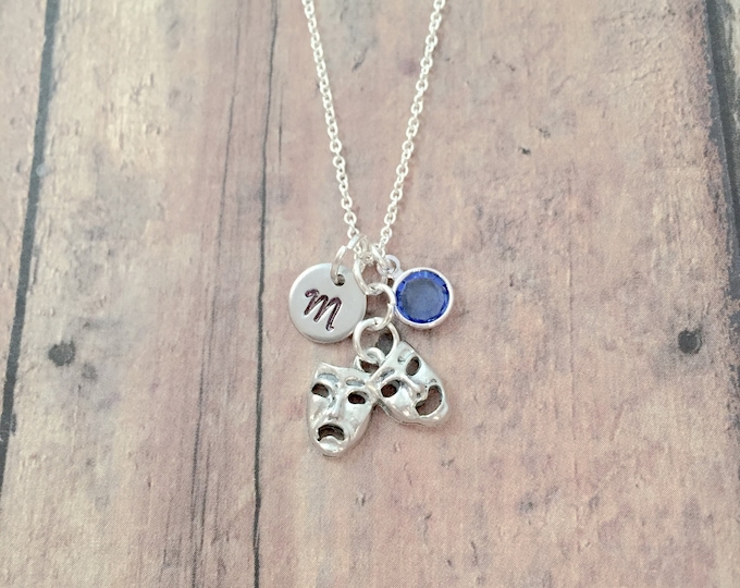 Comedy Tragedy Mask Initial Necklace: Theater Jewelry, Actor Pendant