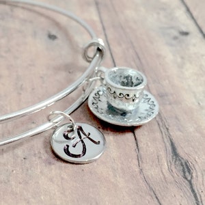 Tea cup initial bangle - tea cup jewelry, cup and saucer jewelry, beverage jewelry, teacup pendant, tea bracelet, teacup bangle, teacup gift