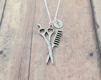 Hairstylist Initial Necklace: Scissors Jewelry, Stylist Necklace
