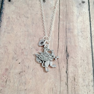 Griffin Initial Necklace: Pewter Gryphon Charm, Stainless Steel Pendant
