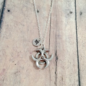 Biohazard symbol initial necklace - biohazard jewelry, warning symbol jewelry, biological hazard pendant, biohazard gift, symbol necklace