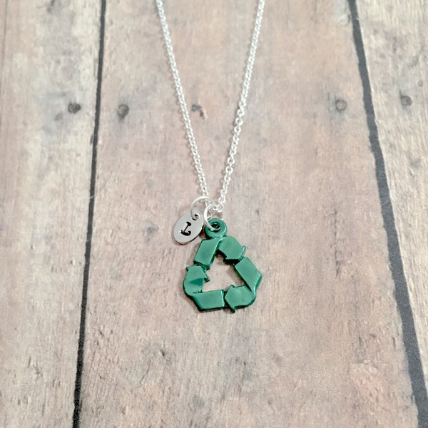 Recycle symbol initial necklace - recycle symbol jewelry, Earth Day jewelry, environmental jewelry, recycling necklace, Earth day gift